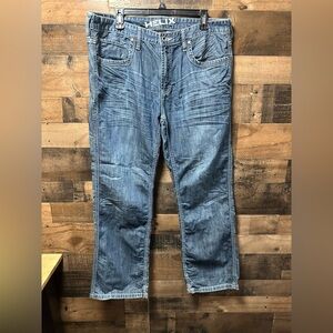 Helix N56 Slim Boot Jeans Men’s 36x30 Blue Distressed Whiskered Bootcut Denim